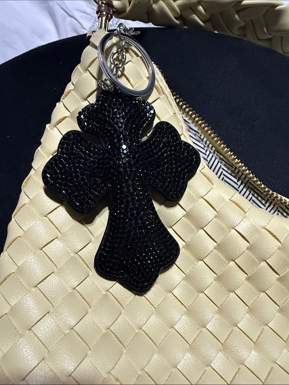 Black Rhinestone Cross Keychain - Silver Hardware